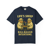Navy T-shirt design with “LIFE’S SHEEP” at the top and “BAA-BAAAD INTENTIONS.” at the bottom. Features two sheep on a romantic candlelit dinner date, holding wine glasses and a rose.