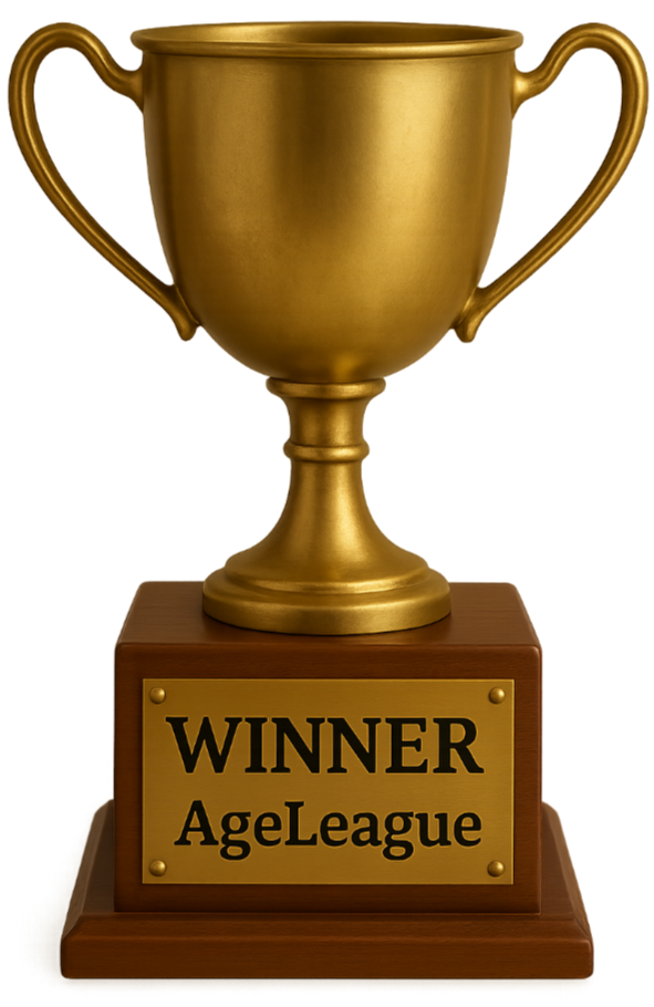 Gold trophy with 'Winner AgeLeague' plaque on a white background