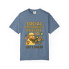 T-shirt design with the phrase “SOCIAL BAA-NDWIDTH EXCEEDED” at the top. Features a cartoon sheep tangled in black social media cables, surrounded by icons like hashtags, likes, and apps. “LIFE’S SHEEP” is printed at the bottom.